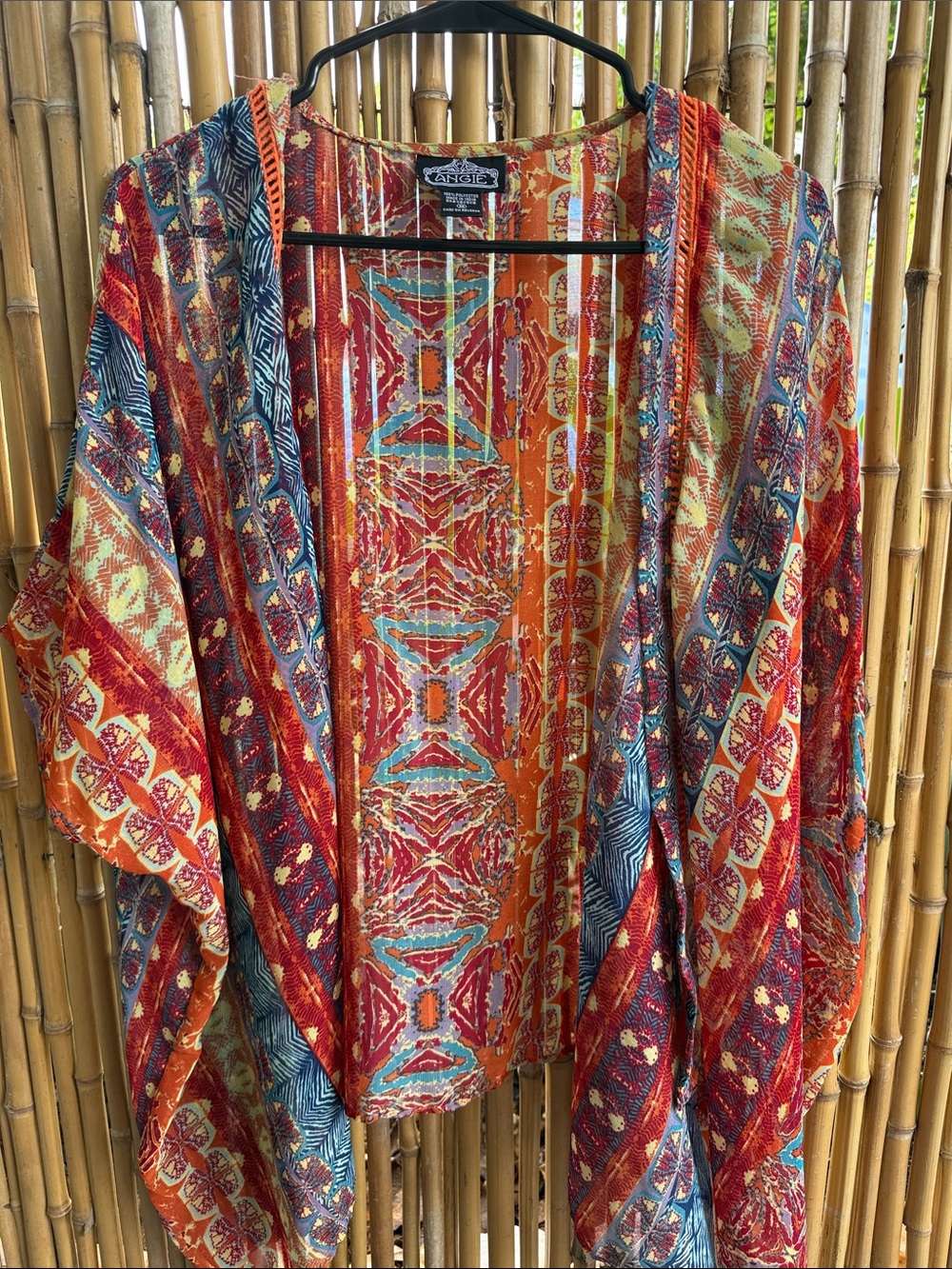 Angie Orange Multicolor Open-Front Cape Kimono